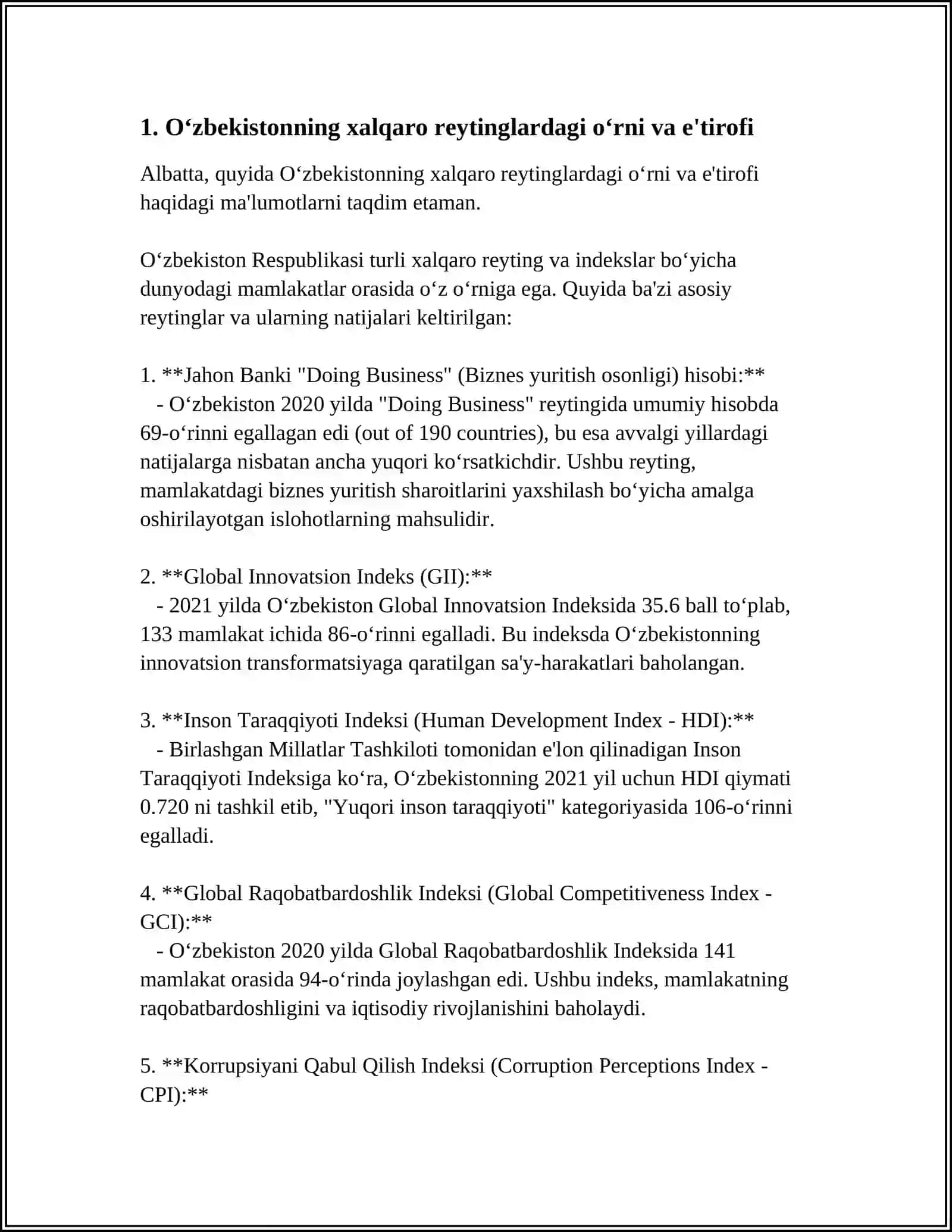 OʻZBEKISTON XALQARO REYTINGLARIDAGI KOʻRSATKICHLARINI KOʻTARISHDAGI TARIXIY VA SIYOSIY AHAMIYATI 3