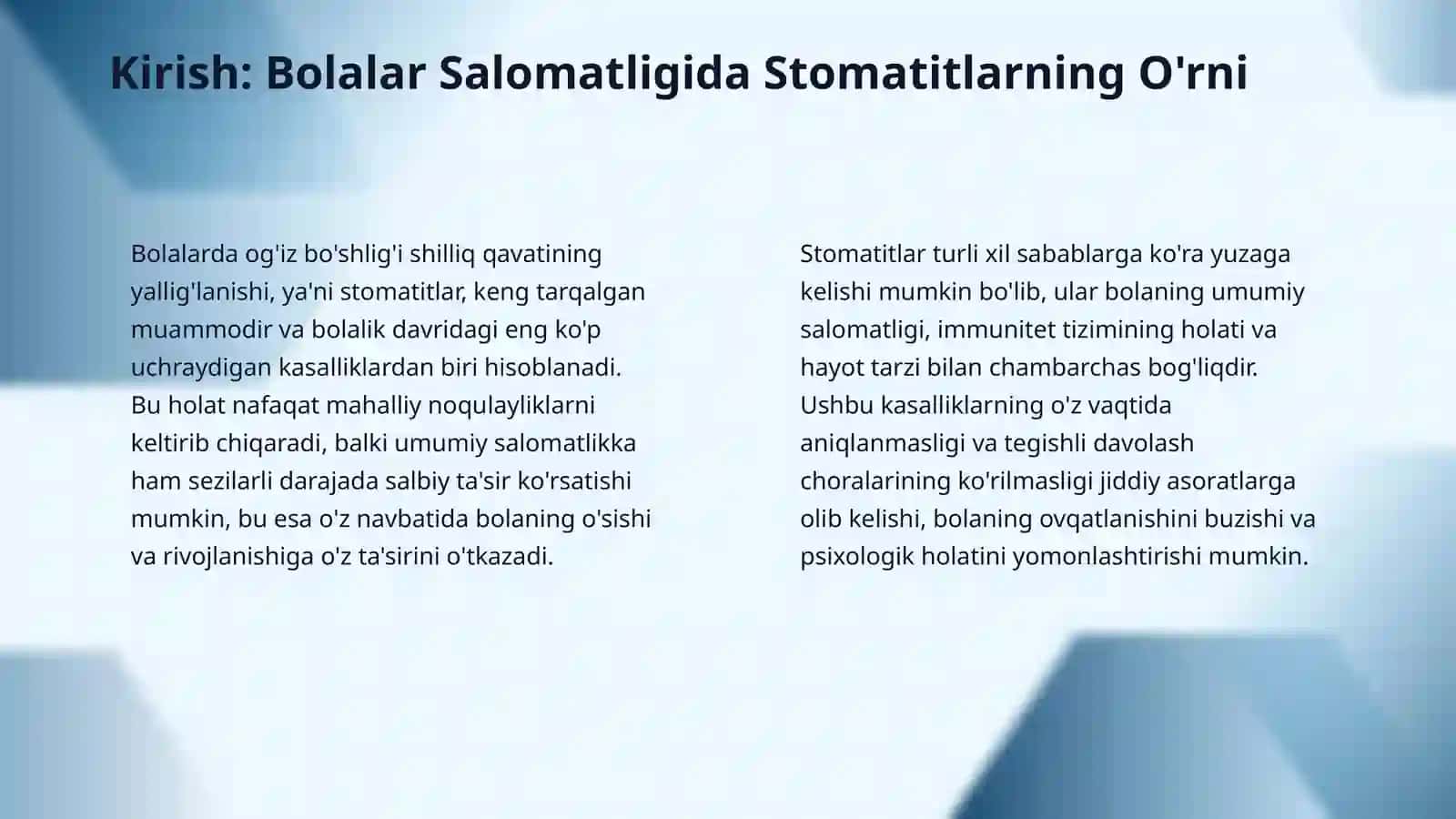 Bolalarda oʻgʻiz boʻshligʻi shilliq qavati kasalliklari stomatitlar va ularning oldini olish choralari. Dispepsiya va enure kasalliklari 3