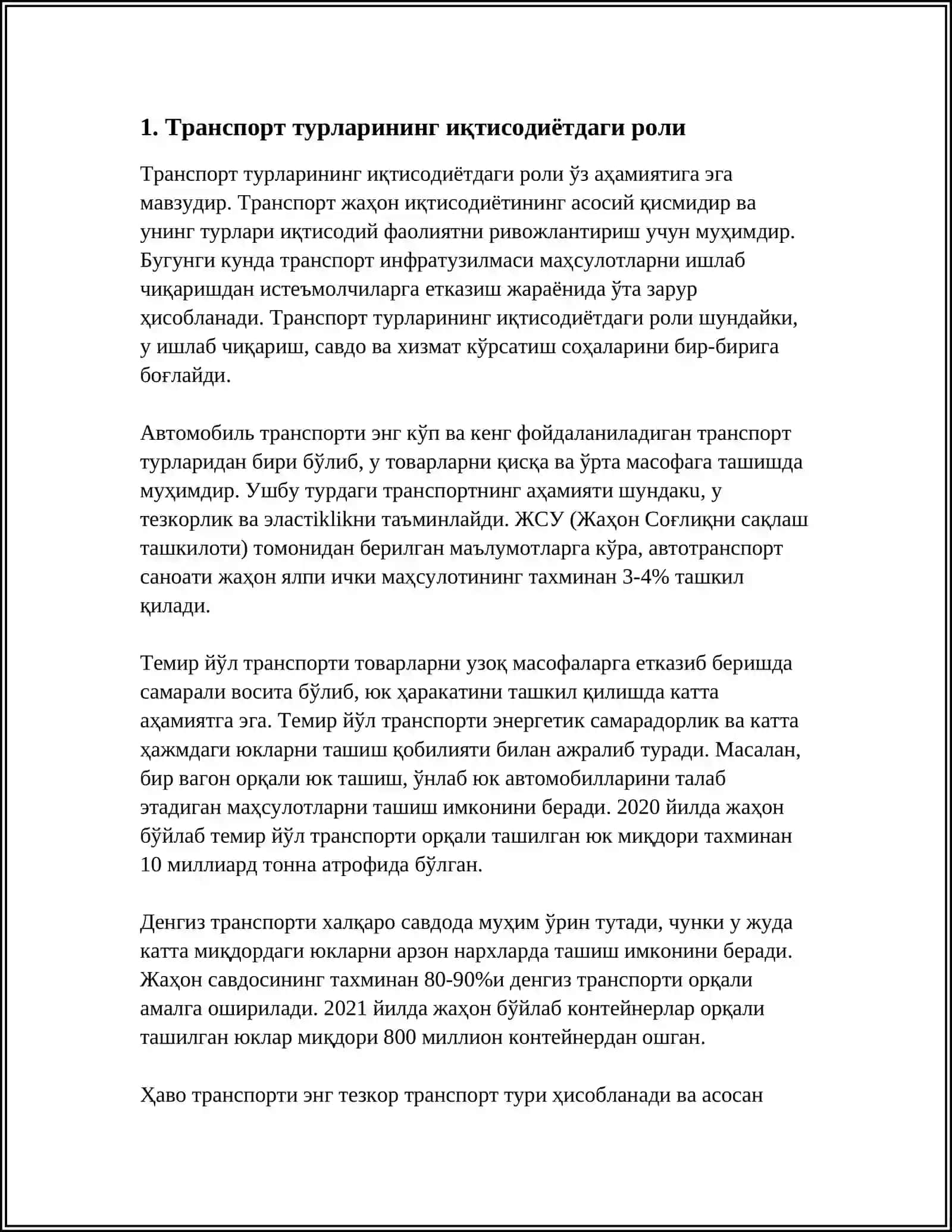 ЖАМИЯТ ТАРАККИЁТИДА ТРАНСПОРТ ТУРЛАРИНИНГ АХАМИЯТИ 3