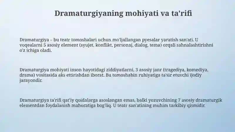 Dramaturgiya va uning janrlari haqida maʼlumot berish 3