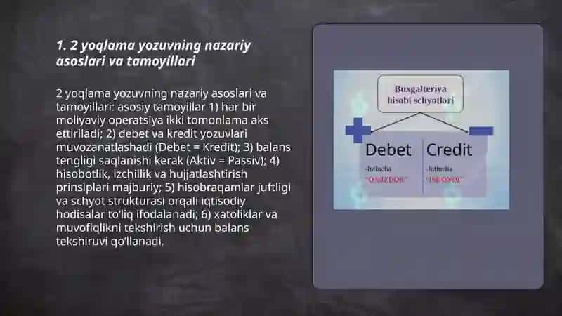 Buxgalteriya hisobi schyotlariga 2 yoqlama yozuv. Bank balansi va uning tuzilishi 3
