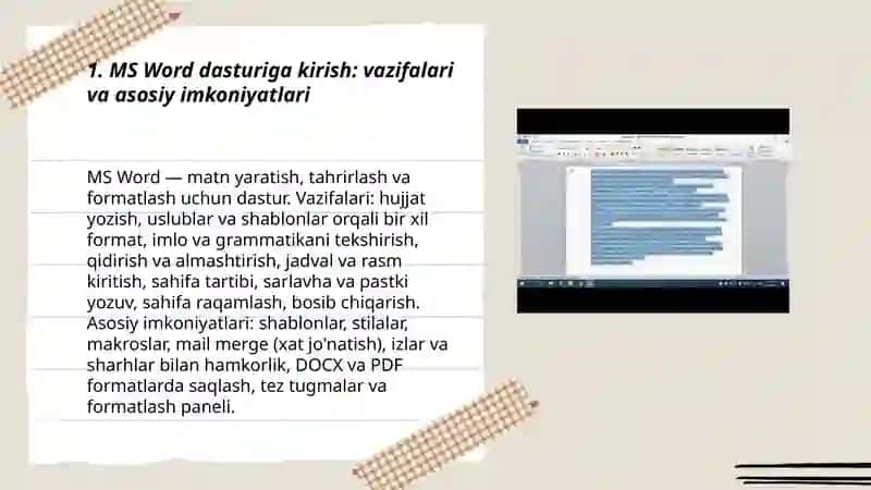 Matn maʼlumotlarini qayta ishlash dasturlari. MS Office dasturlari:MS Word dasturidan foydalanish asoslari 3