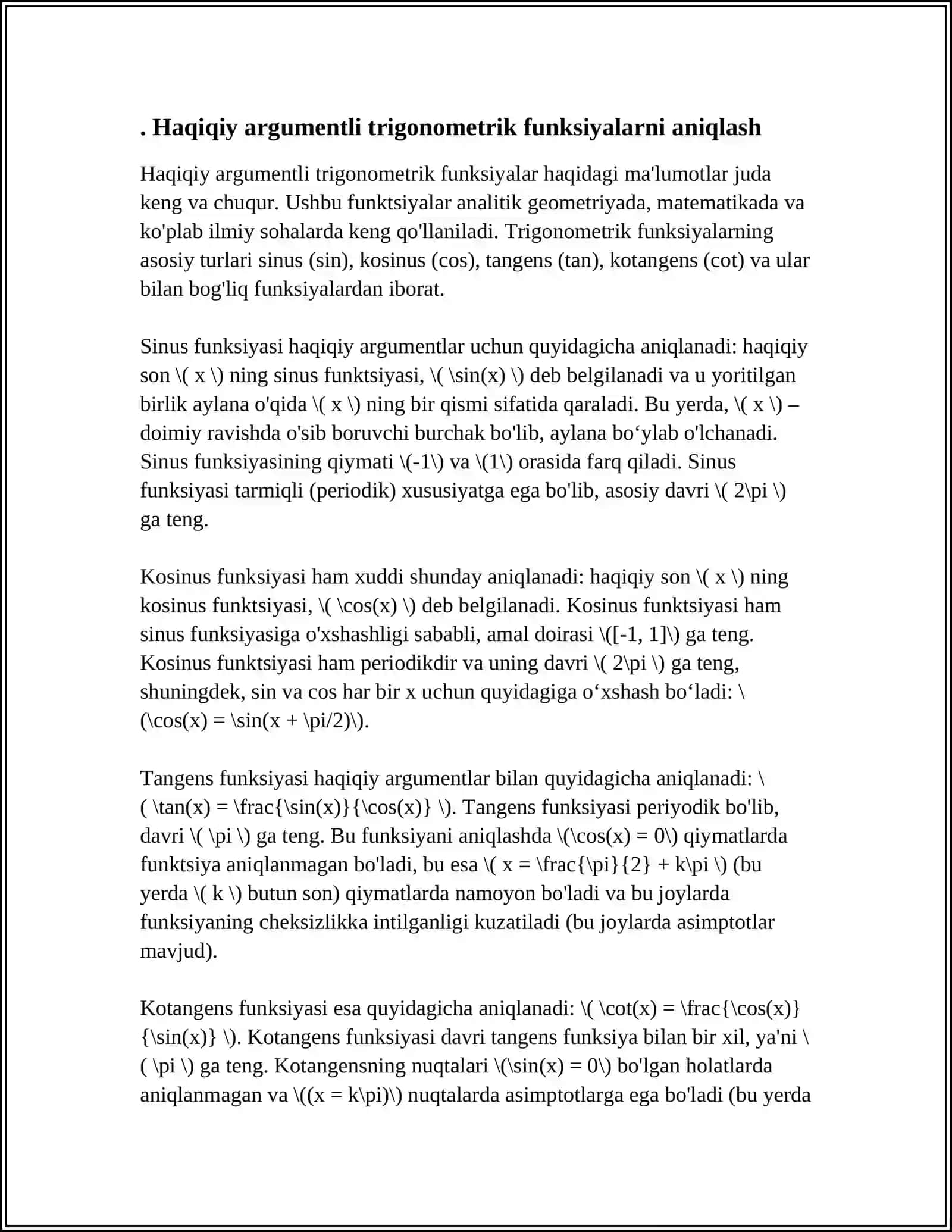 HAQIQIY ARGUMENTLI TRIGONOMETRK FUNKSIYALAR VA ULARNING XOSSALARI 3