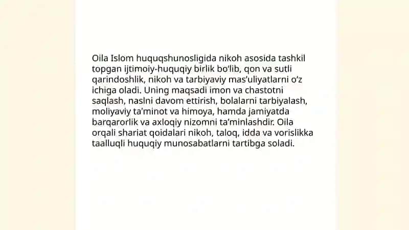 Islom huquqshunosligida oila, nikoh,taloq,idda,zihor tushunchalarini taʼriflash 3