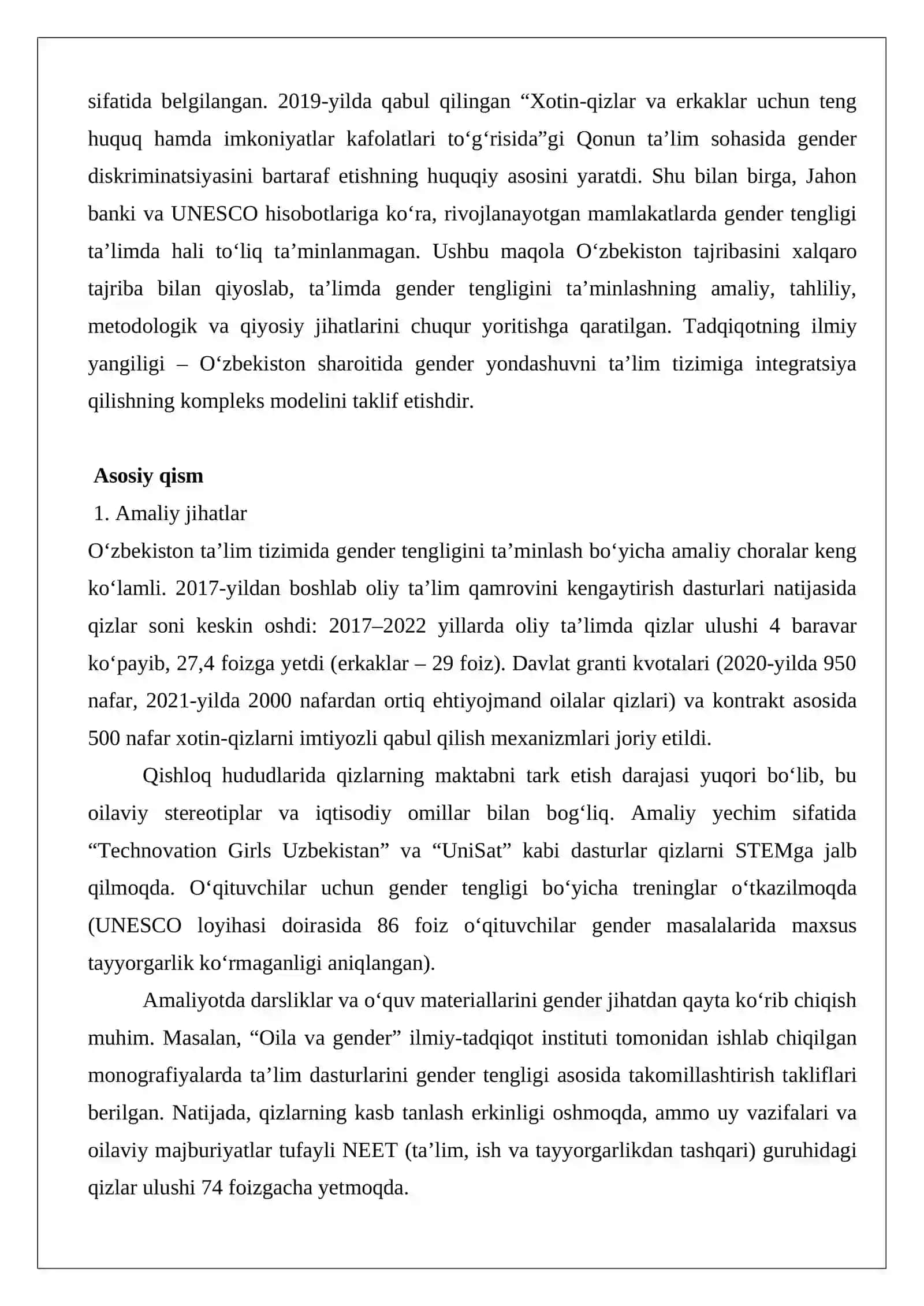 Ta’limda gender tengligi: qizlar va o‘g‘il bolalar uchun teng imkoniyatlar 3