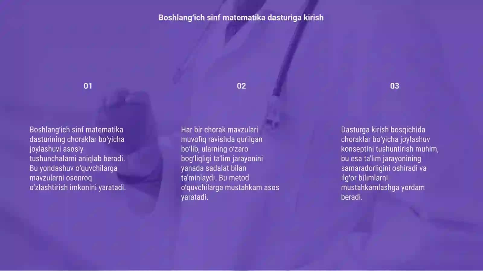 Boshlangʻich sinf matematika dasturining choraklar bōyicha joylashuvi 3