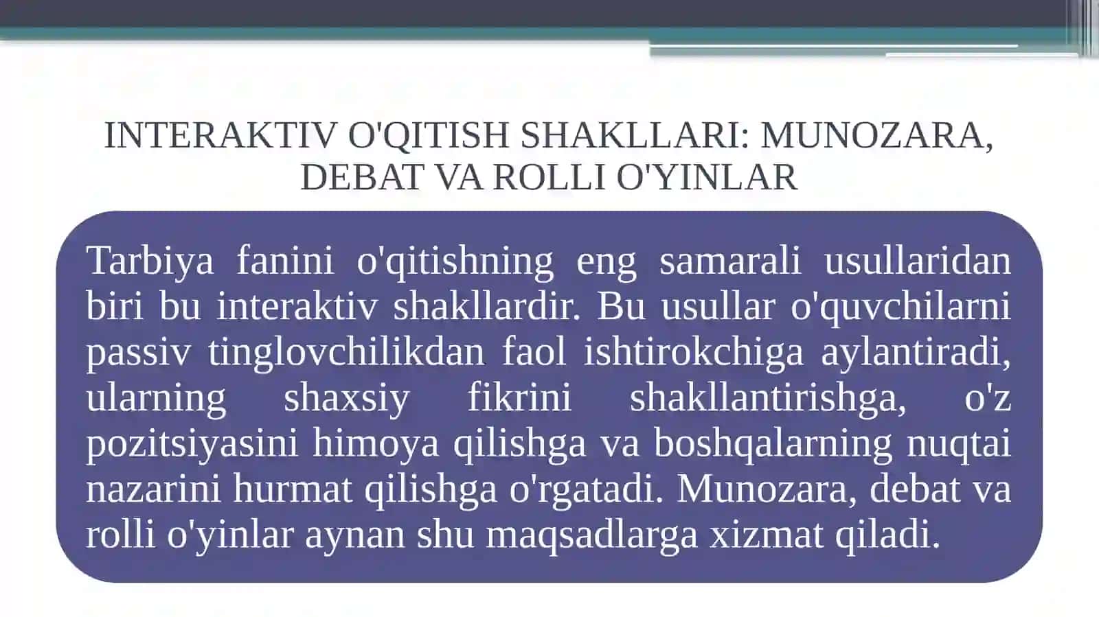 UMUMTA'LIM MAKTABLARIDA TARBIYA FANINI ÔQITISH SHAKILLARINING HAR BIRGA OID MISOLLAR YOZISH 3