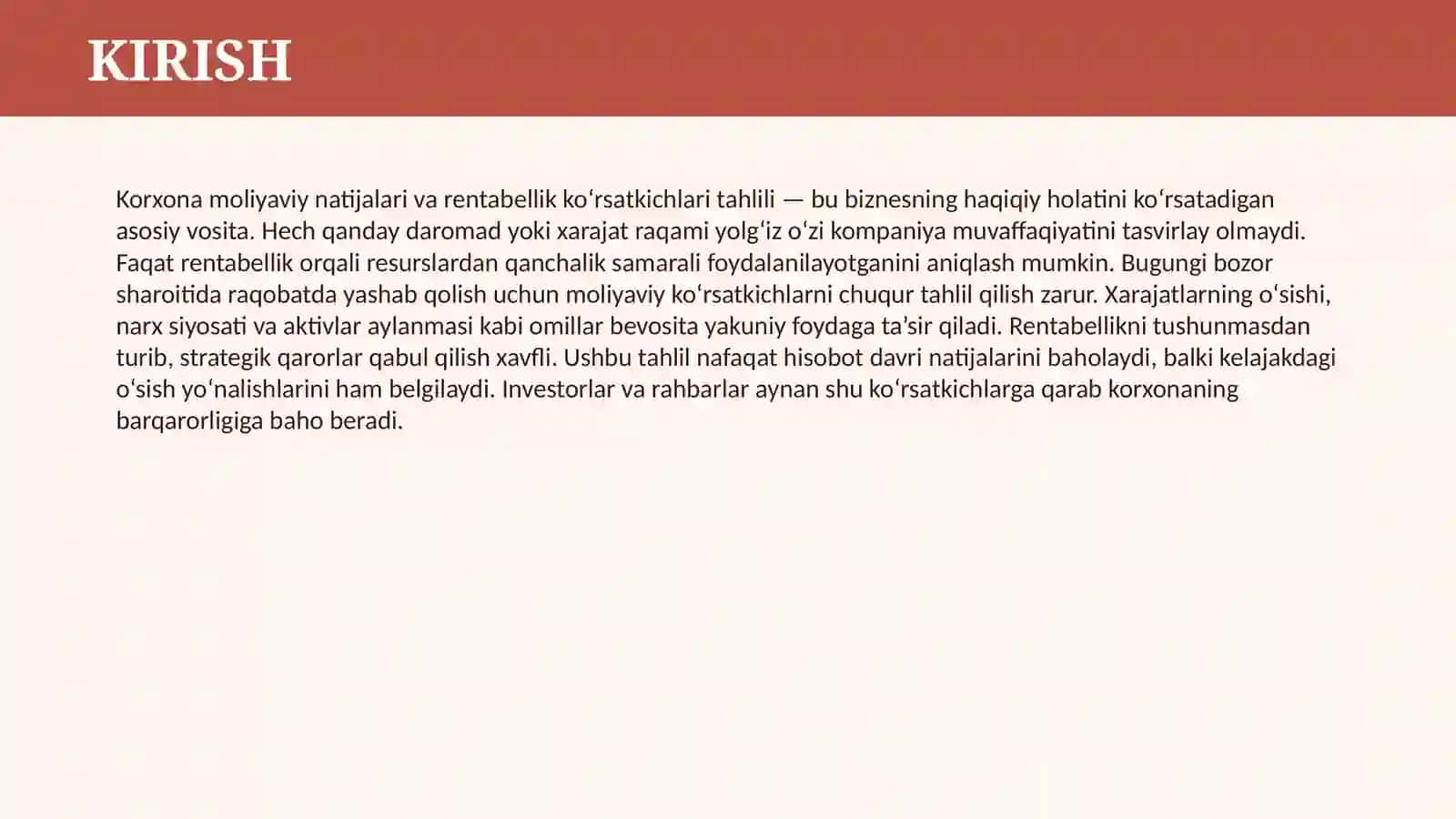 KORXONA MOLIYAVIY NATIJALARI VA RENTABELLIK KO`RSATKIVLARI TAHLILI 3