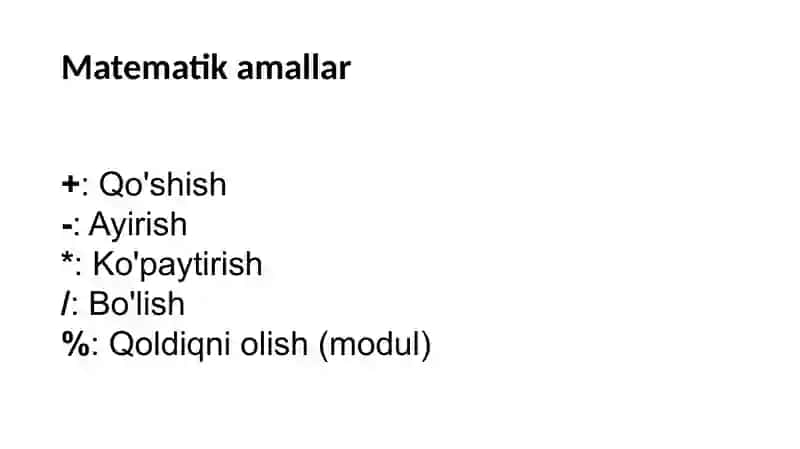 C# tilining amallari. Concoleda kiritish –chiqarish. Arifmetik va mantiqiy amallar, ifodalar. Operator turlari unar va binar. Inkrement va decrement amallari. Taqqoslash amalari va mantiqiy amallar. Ifodalardagi amallar. Ifodalarning qurilishi. Kiritish-chiqarish funktsiyalari va qoidalari. Chiziqli dasturlarga doir misollar 3