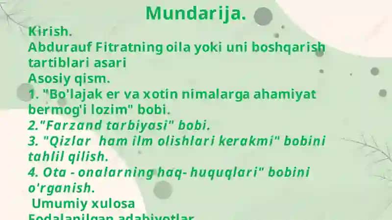 ABDURAUF FITRATNING OILA YOKI UNI BOSHQARISH TARTIBLARI ASARINI O'RGANISH VA TAHLIL QILISH 3