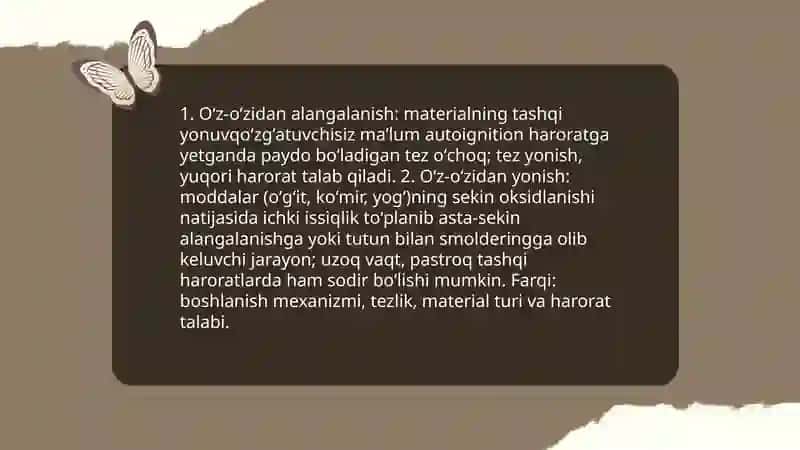 Oʻz-oʻzidan alangalanish va oʻz-oʻzidan yonish: taʼrif va farqlari 3