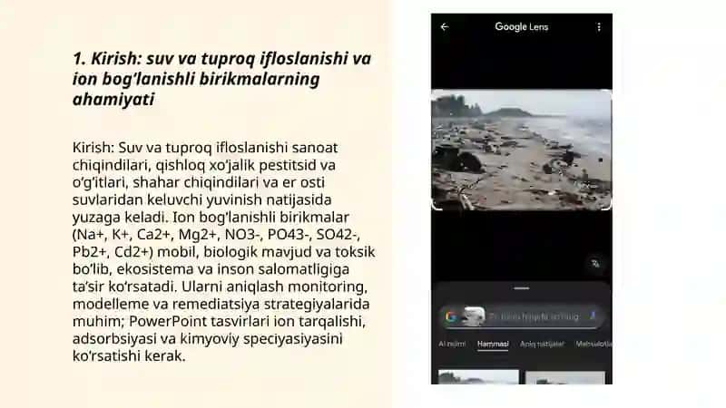 Menga rasmlari bilan pover pointda suv va tuproq ifloslanishida ion bog'lanishni birikmalarni aniqlash 3