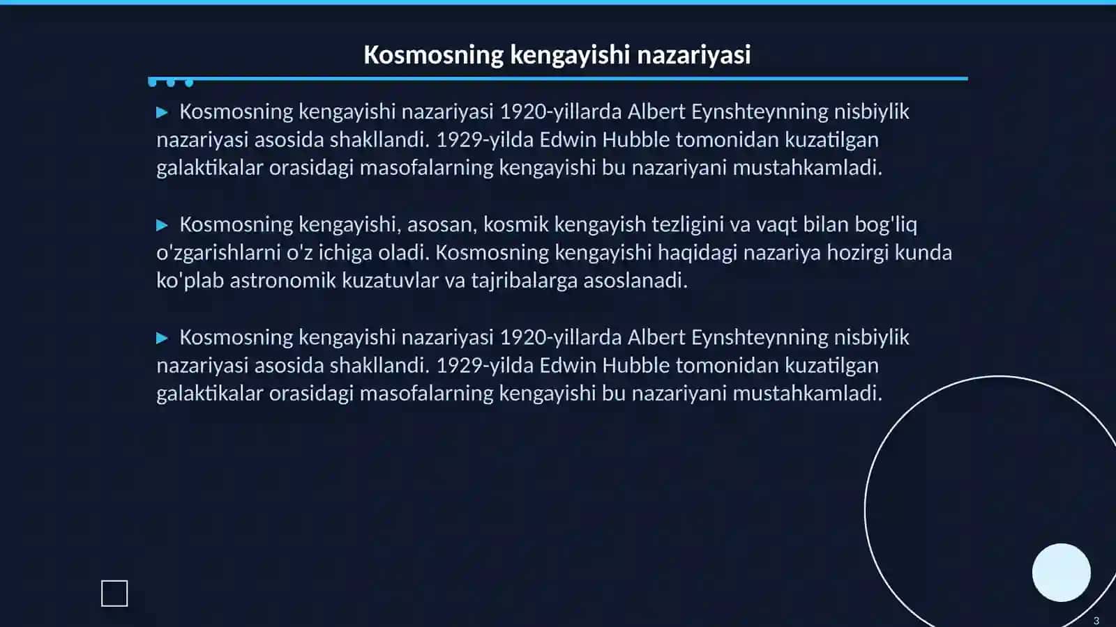 Kosmosning kengayishi.Habbl qonuni 3