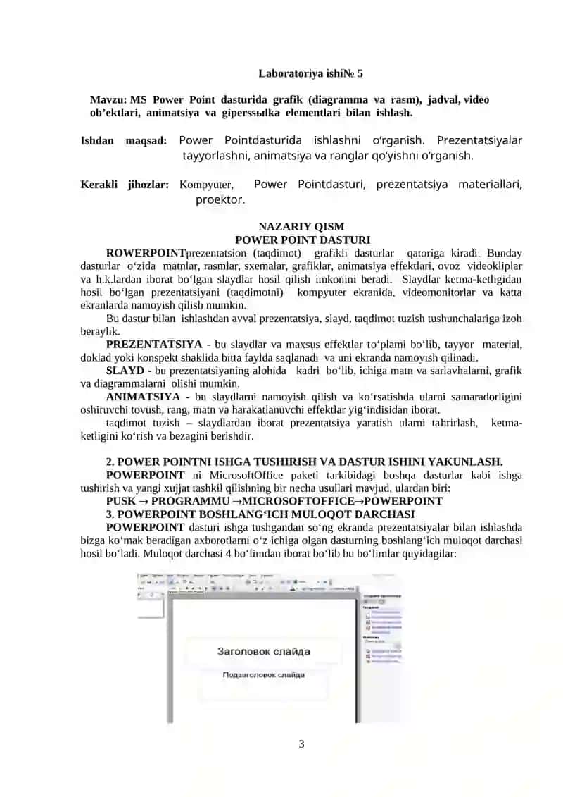 MS POWER - POINT DASTURIDA GRAFIK (DIAGRAMMA VA RASM), JADVAL, VIDEO OB’EKTLARI, ANIMATSIYA VA GIPERSSЫLKA ELEMENTLARI BILAN ISHLASH 3