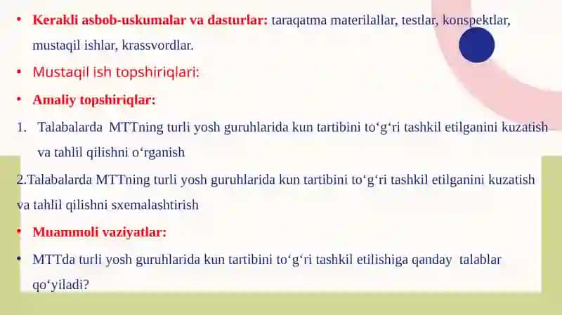 MTTning turli yosh guruhlarida kun tartibini to‘g‘ri tashkil etilganini kuzatish va tahlil qilish 3