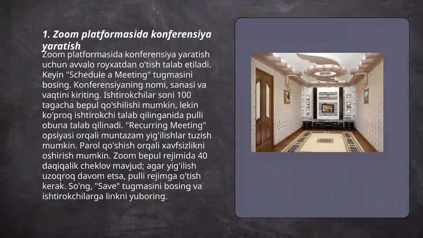 ZOOM platformasida konferensiya yaratish va unga foydalanuvchilarni ulash va boshqarish. Internetda ma'lumot qidirish. Qidiruv tizimlari 3