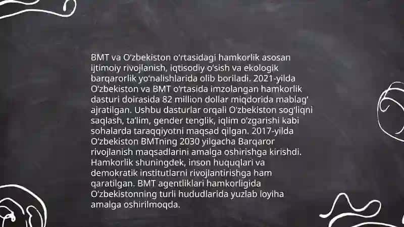 BMT va Ōzbekiston: Hamkorlik yo'nalishlari 3