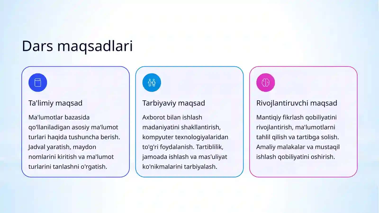 Ma'lumot turlari va ma'lumotlar bazasi jadvalini yaratish 7-sinf informatika fani 3