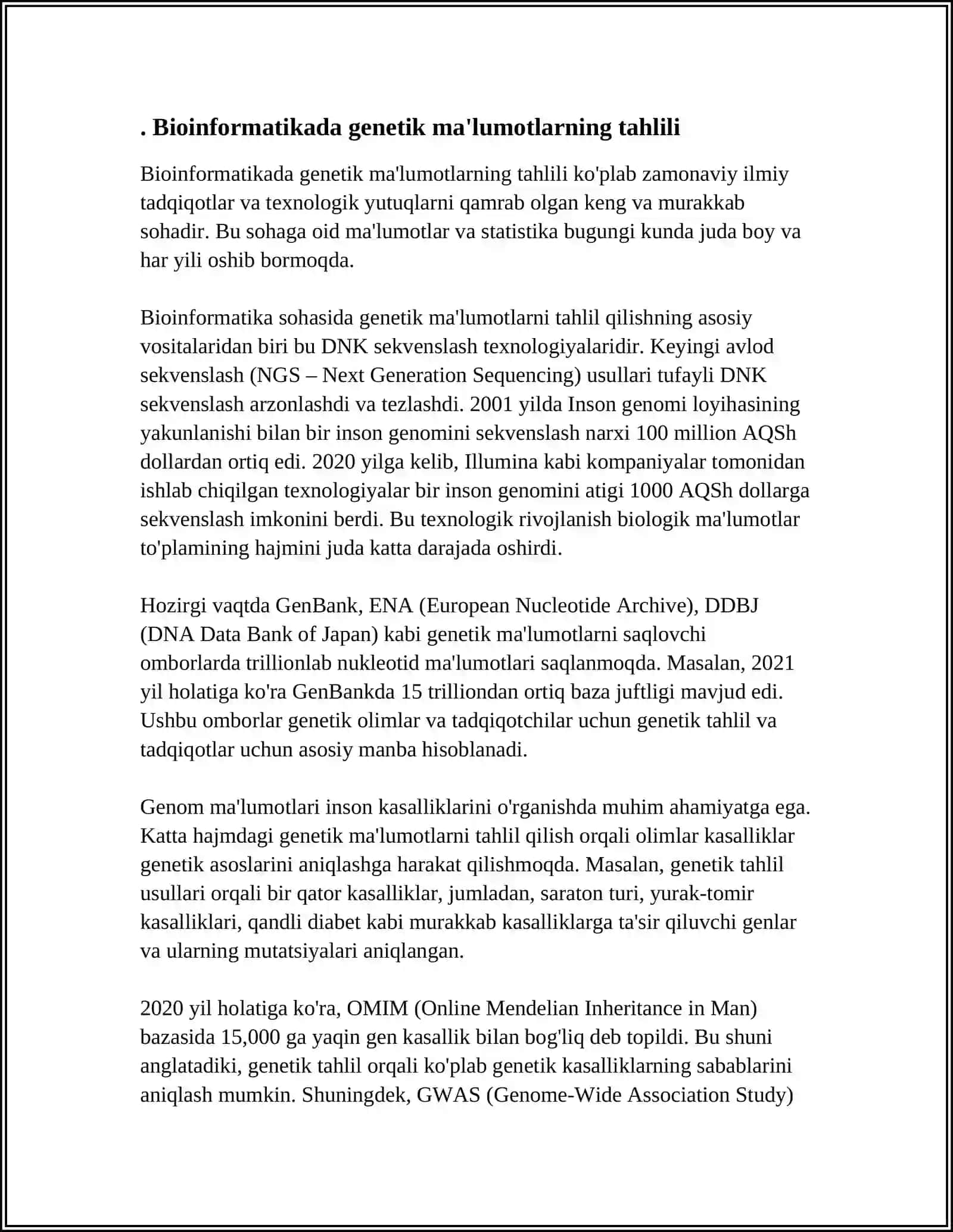 BIOINFORMATIKA VA BIOMEXANIKA FANIDAN. BORLIQ TUSHUNCHASI VA UNING TURLARI. MATERIYA VA UNING MAVJUDLIK SHAKLLARI MAVZUSIDA MUSTAQIL ISH 3