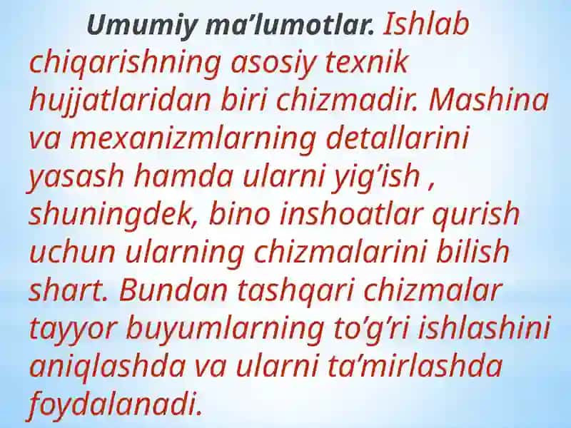 Chizmalarga oid standartlar. Formatlar. Masshtablar va chizma chiziqlari. Chizma shriftlari. 3