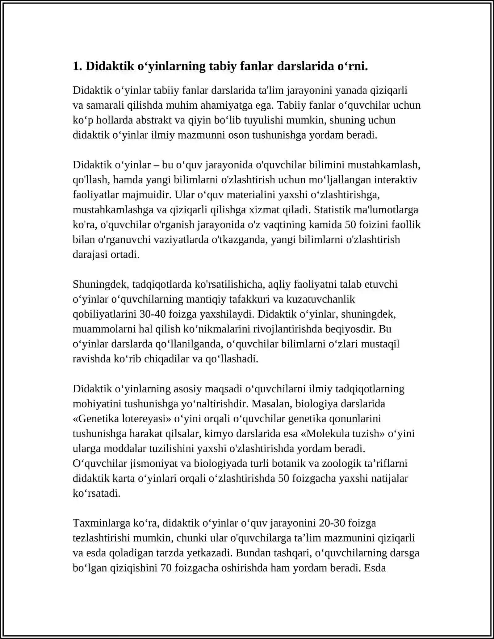 TABIIY FANLAR DARSLARIDA DIDAKTIK O‘YINLARNING O‘ZIGA XOS XUSUSIYATLARIDAN FOYDALANISHNING AHAMIYATI 3