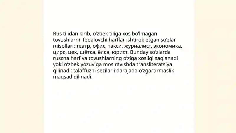 Oʻzbek tiliga xos boʻlmagan tovushlarni ifodalovchi harflar ishtirok etgan soʻzlarni yozish 3
