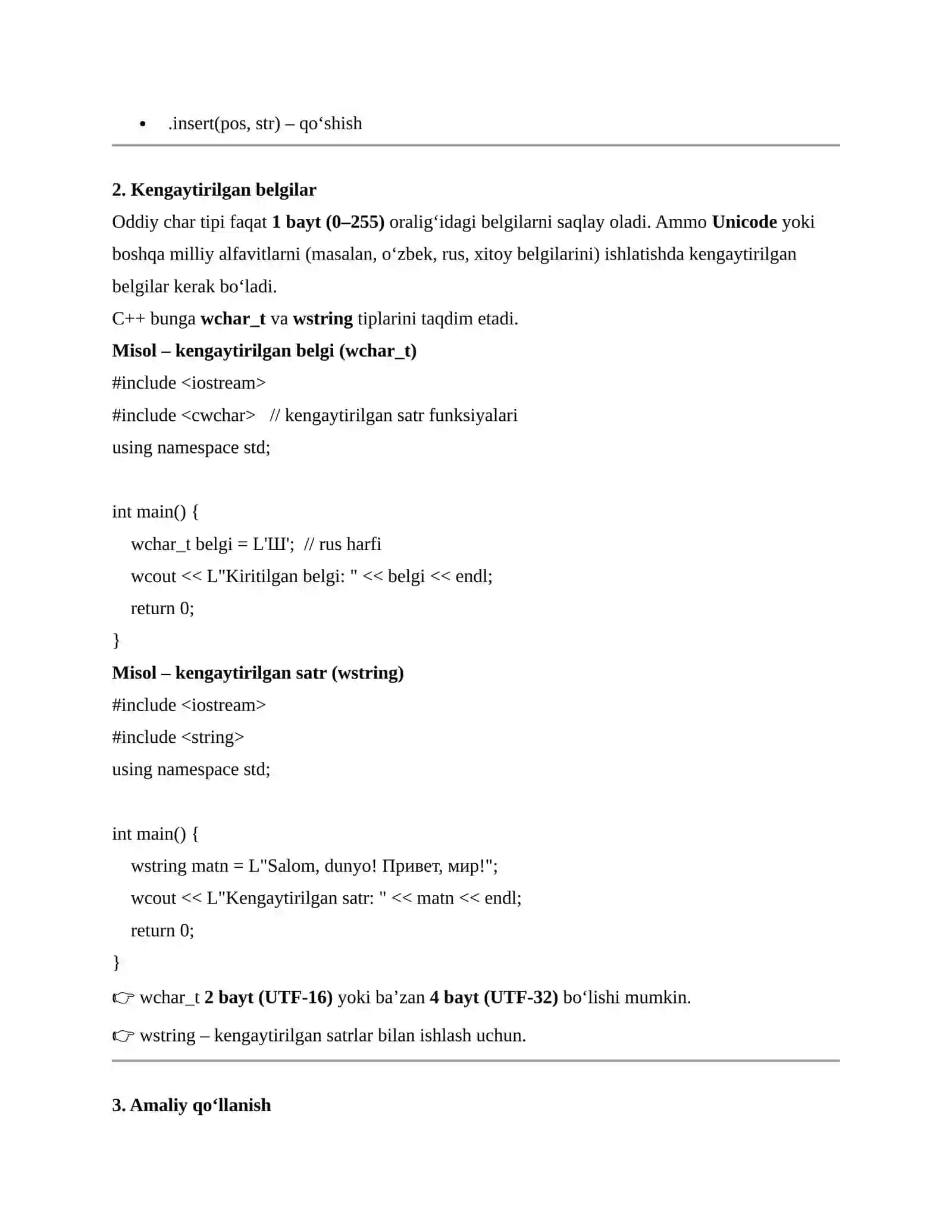 Satrlar va kengaytirilgan belgilar (Strings and Extended Characters) – C++ 3