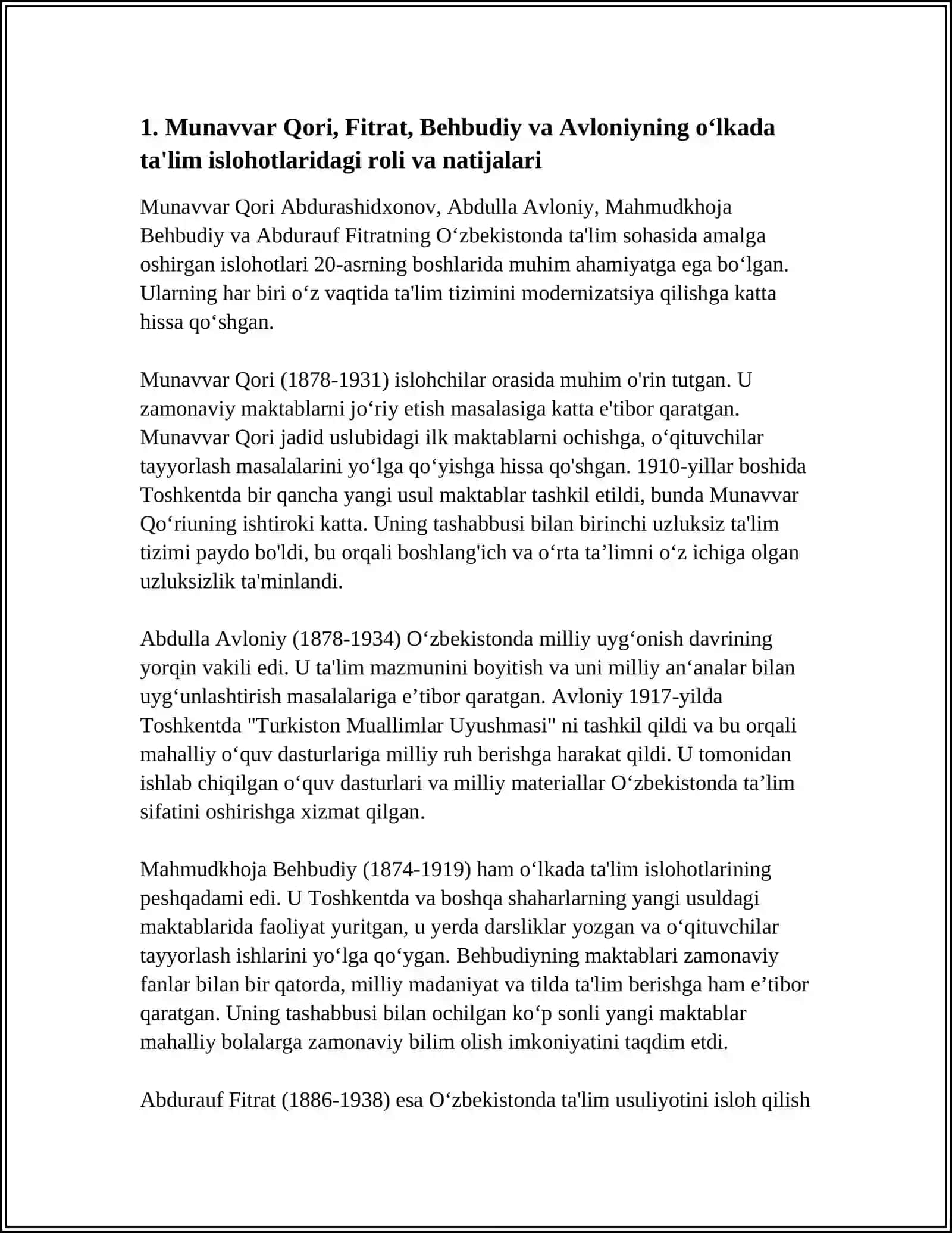 JADID MA’RIFATPARVARLARINING O‘LKA IJTIMOIY-MA’NAVIY HAYOTIDA TUTGAN O‘RNI (MUNAVVAR QORI, FITRAT, BEHBUDIY, AVLONIY VA BOSHQ.) 3