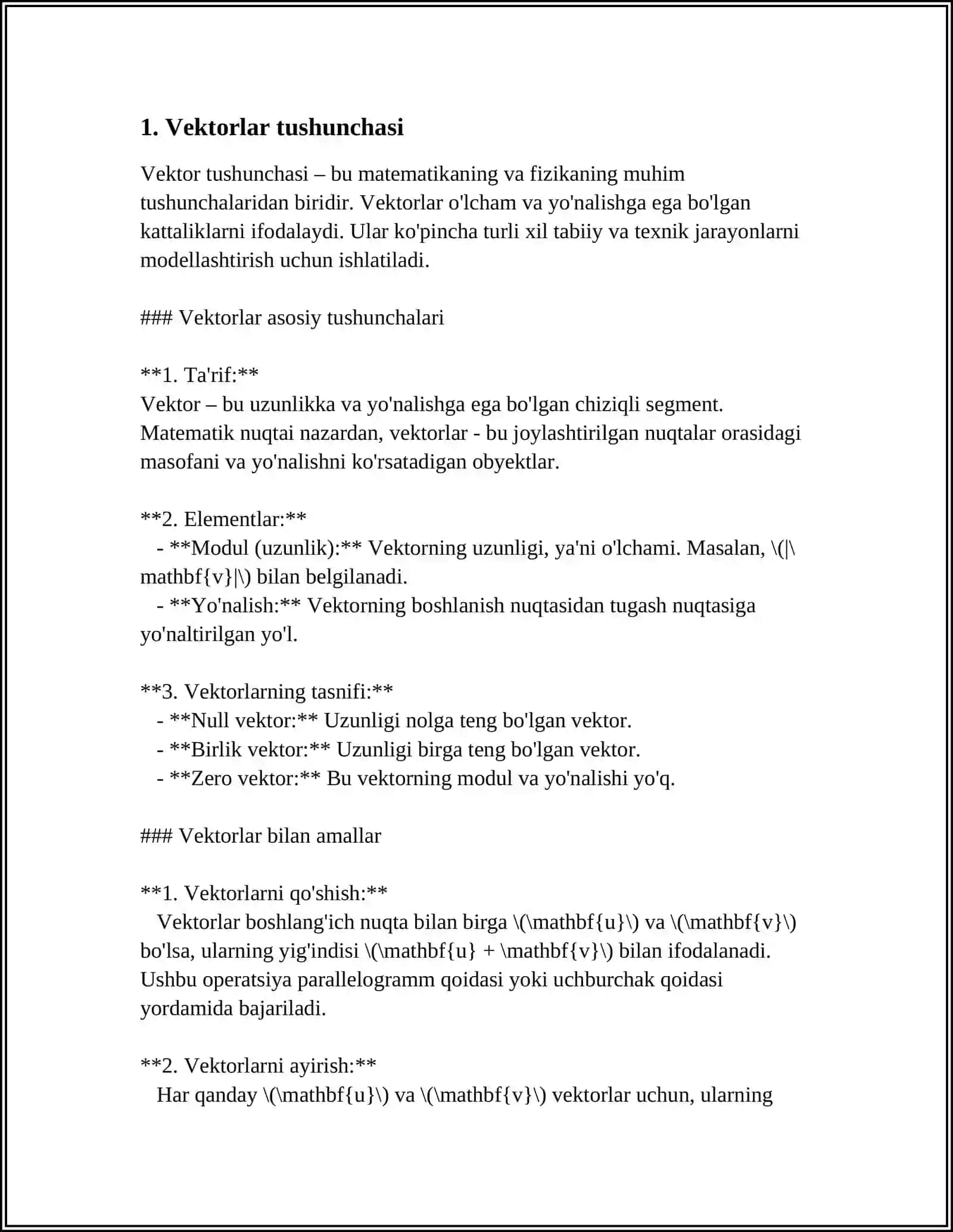 VERTORLARNI YASASH VA ULAR USTIDA AMALLAR BAJARISH. FUNKSIYA UZLUKSIZLIGI 3
