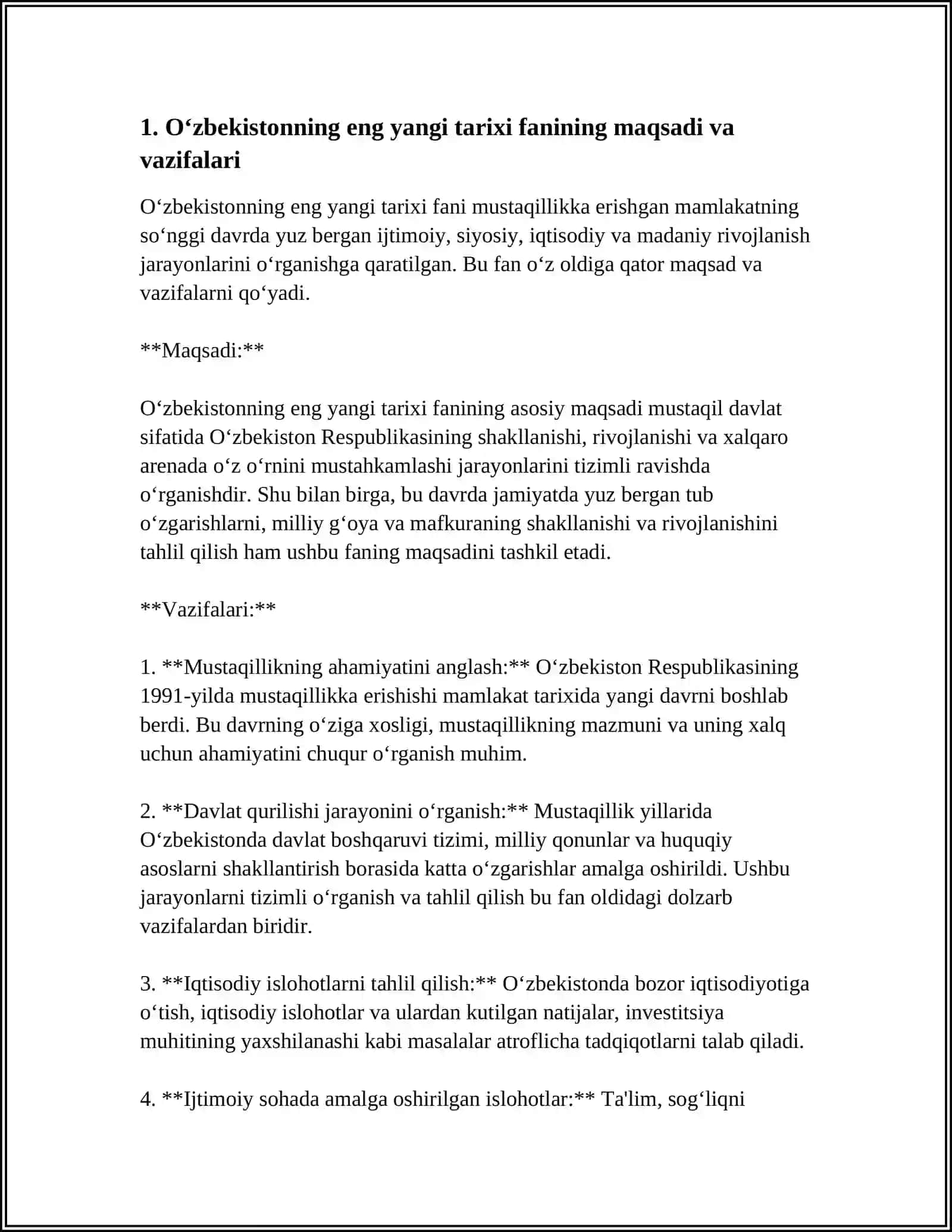 MUSTAQIL ISH Mavzu: ÒZBEKISTONNING ENG YANGI TARIXI FANINING ÒQUV PREDMETI VAZIFALARI 3