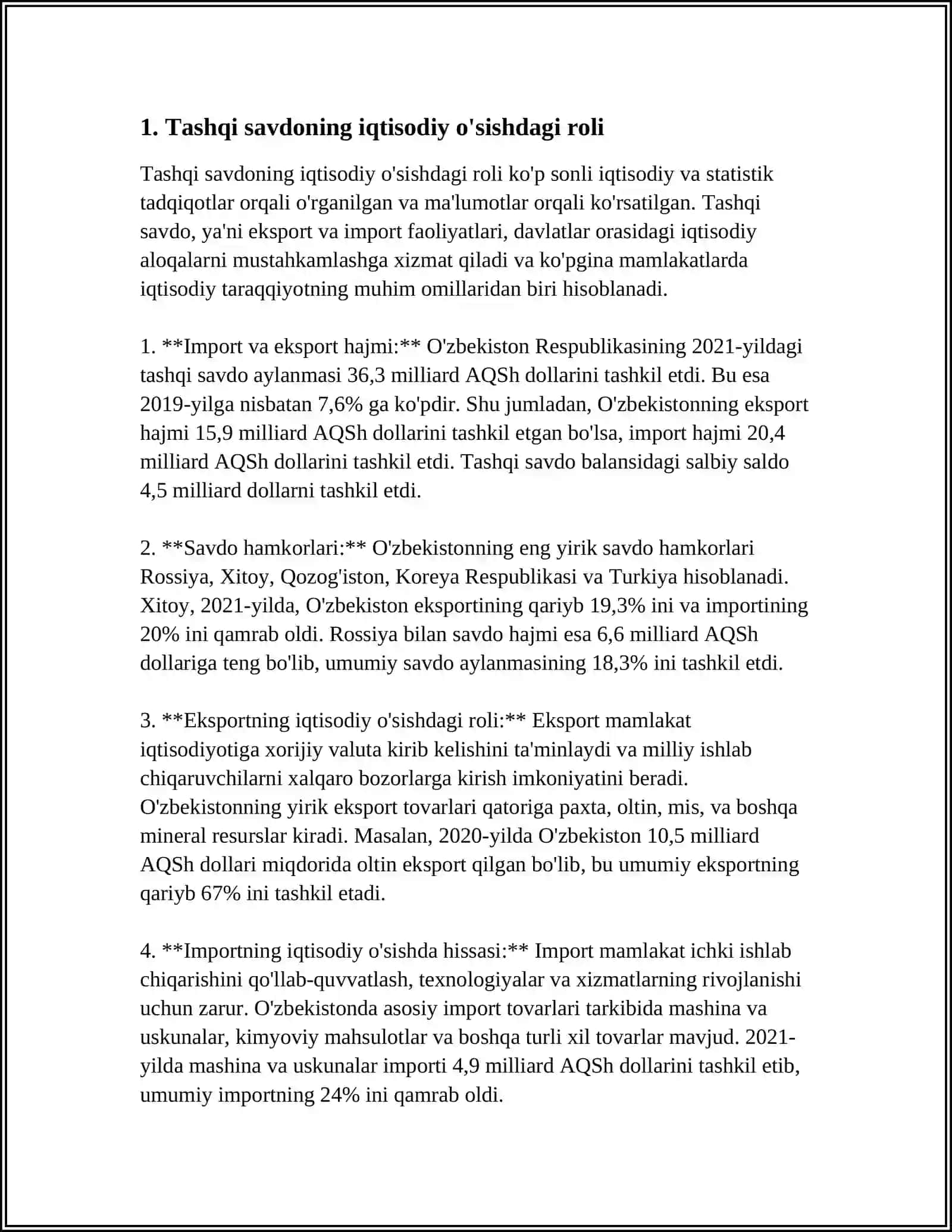 O‘ZBEKISTON RESPUBLIKASINING JAHON IQTISODIYOTIGA INTEGRATSIYALASHUVIDA TASHQI SAVDONING TUTGAN O'RNI 3