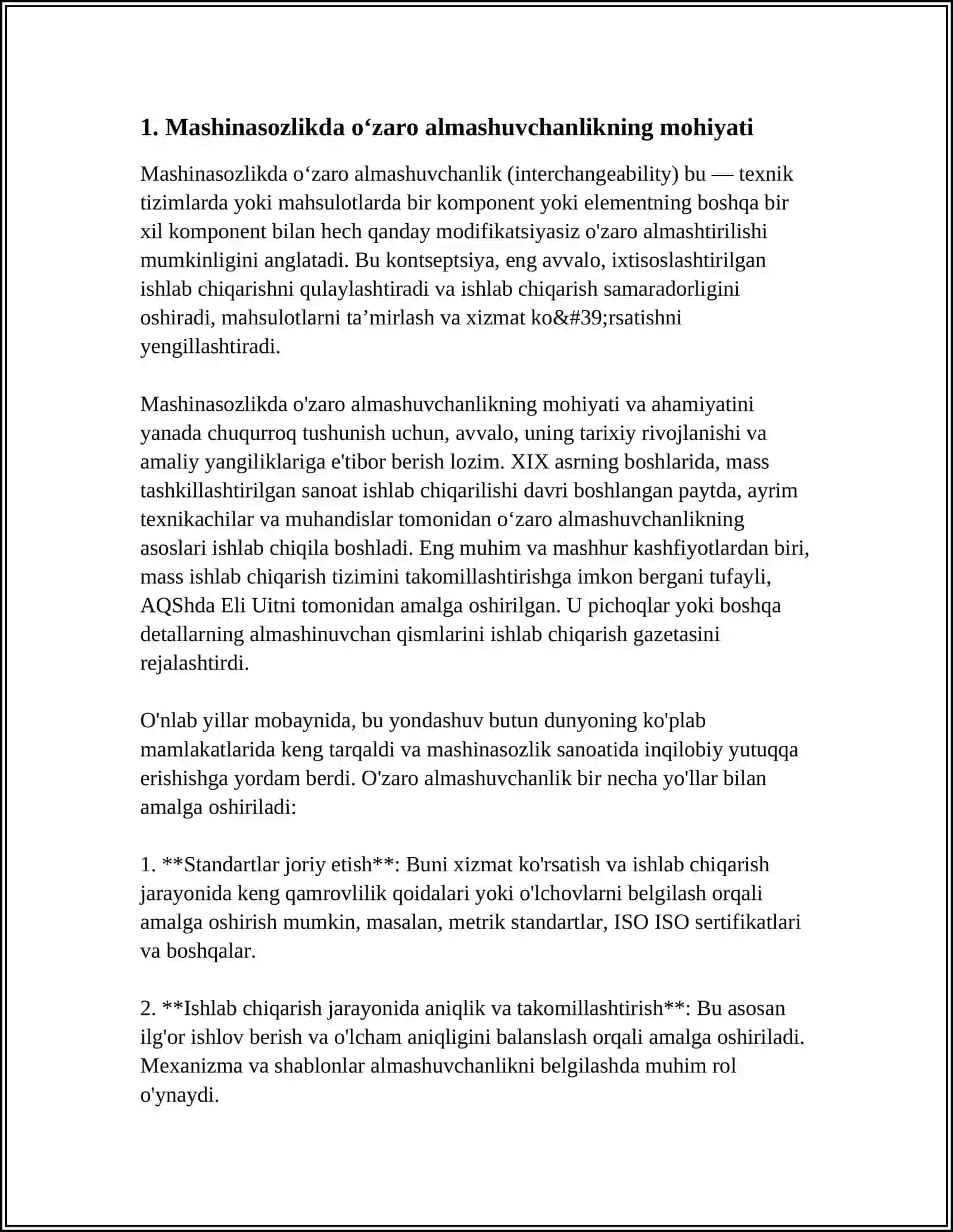 MASHINASOZLIKDA OʻZARO ALMASHUVCHANLIK. OʻZARO ALMASHUVCHANLIK TURLARI. OʻLCHASH VOSITALARINING METROLOGIK KOʻRSATKICHLARI 3