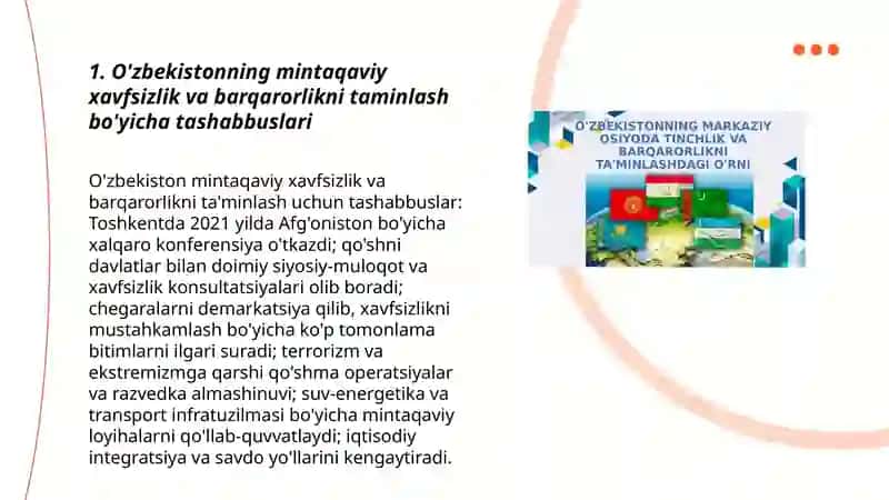 O'zbekiston Markaziy Osiyoda tinchlik va barqarorlikni taminlashdagi o'rni 3