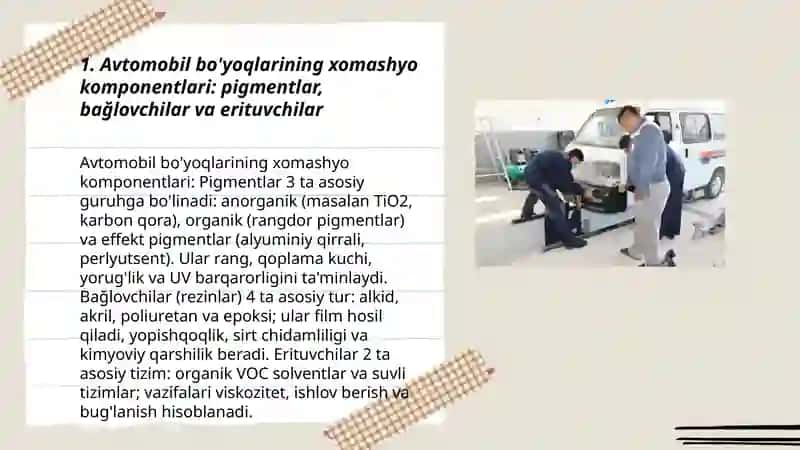 Avtomobillarga bo'yoq materiallarini tayyorlash va yig'ish texnologiyalari 3