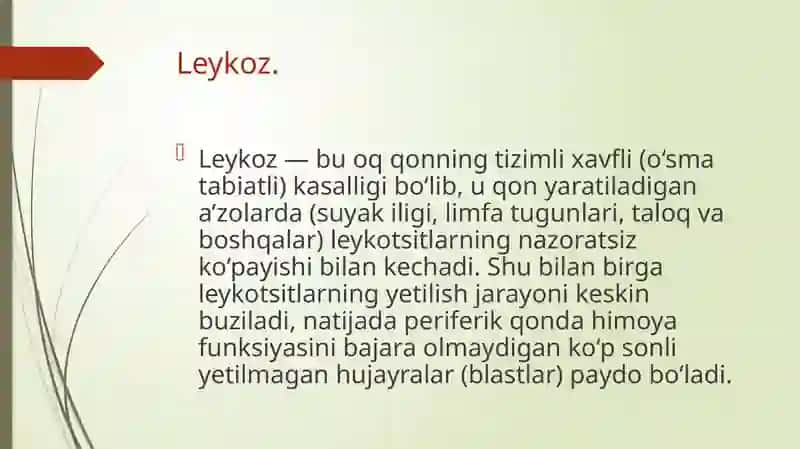 Qon kasalliklarida parodont o’zgarishlari. Klinikasi, qiyosiy tashxisi. Davolash, profilaktika. 3