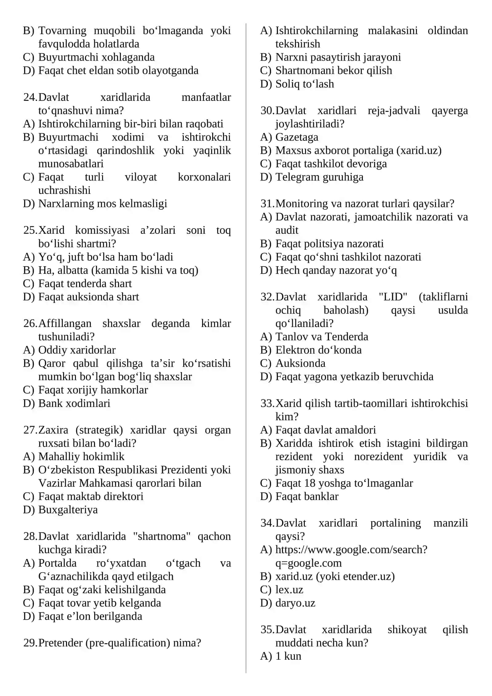 DAVLAT XARIDI FANIDAN TESTLAR 3