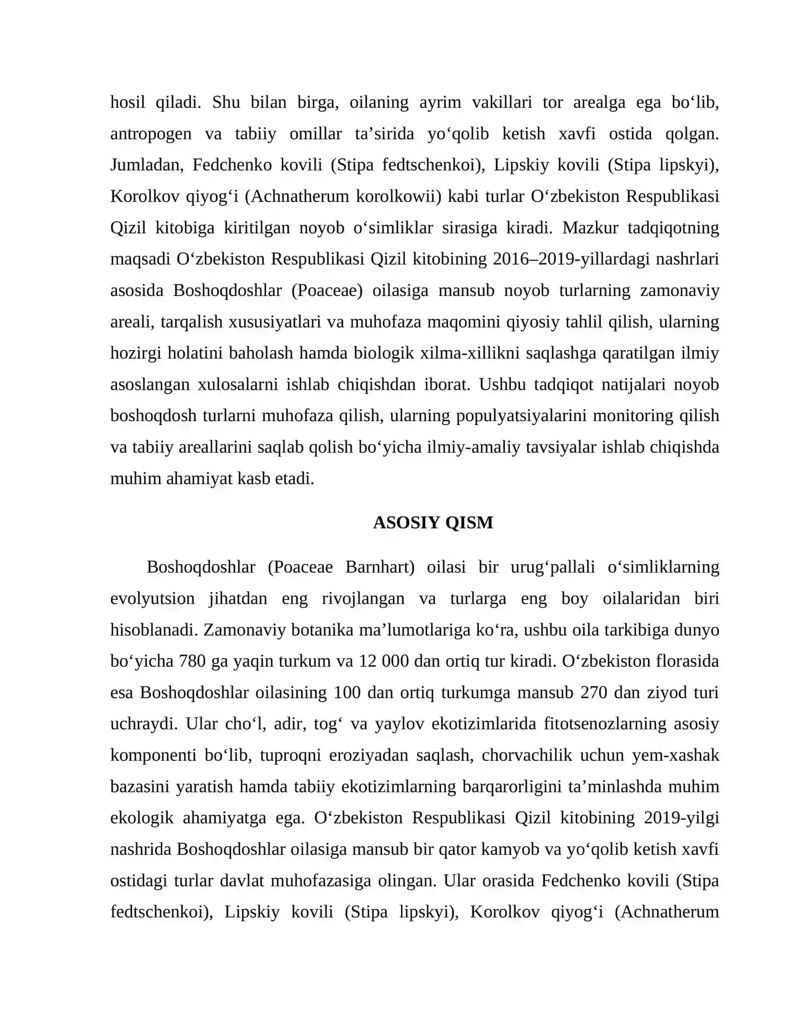 Boshoqdoshlar (Poasceae) oilasi noyob turlarining zamonaviy areali va maqomini taxlil qilish 3
