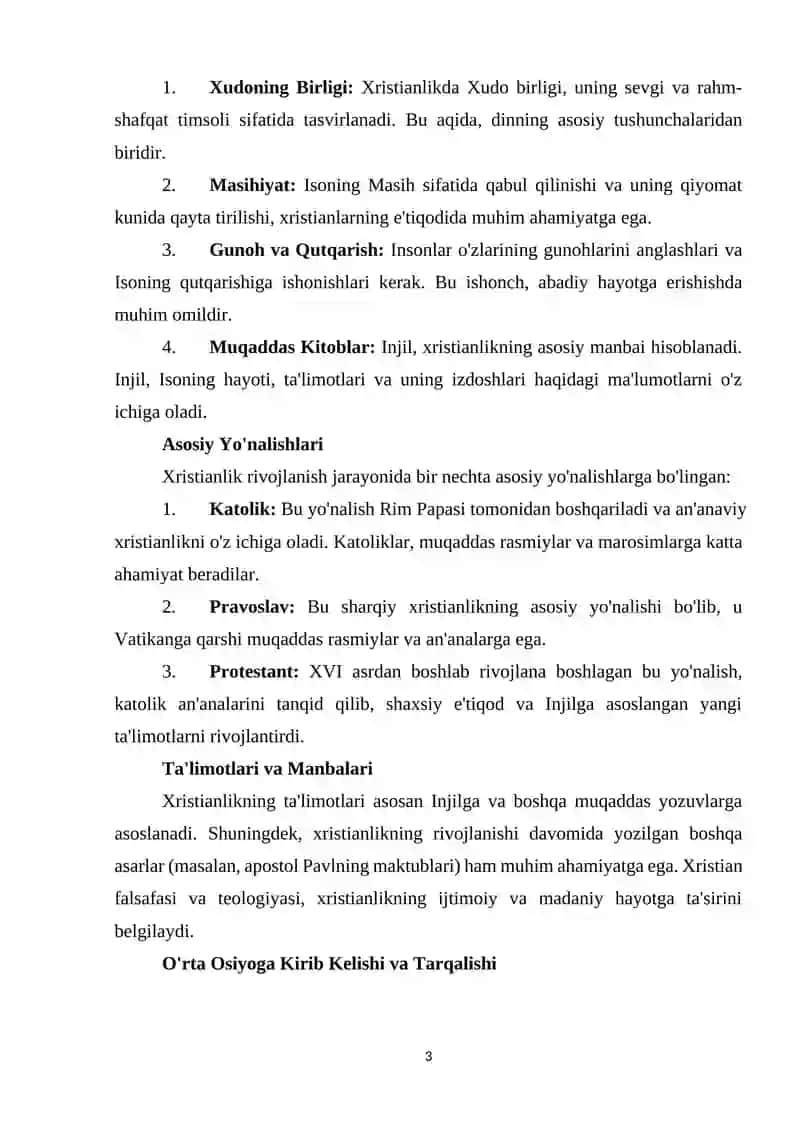 XRISTIANLIKNING PAYDO BO'LISHI, AQIDALARI, ASOSIY YO'NALISHLARI, TA'LIMOTLARI VA MANBALARI 3