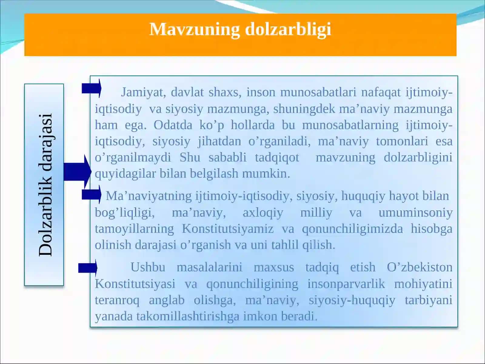 “O’zbekiston Respublikasi Konstitutsiyasi va qonunchiligida jamiyat, davlat, inson huquqiy munosabatlarini ta’minlovchi ma’naviy tamoyillar” mavzusida yozgan MAGISTRLIK DISSERTATSIYASI ISHI 3