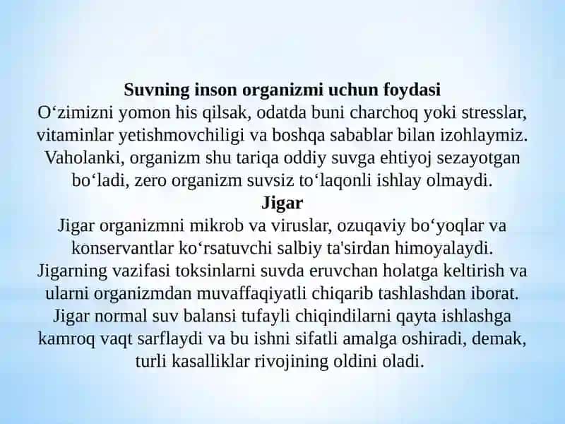 Inson hayoti faoliyatida suvning ahamiyati va inson organizmi uchun meyori 3