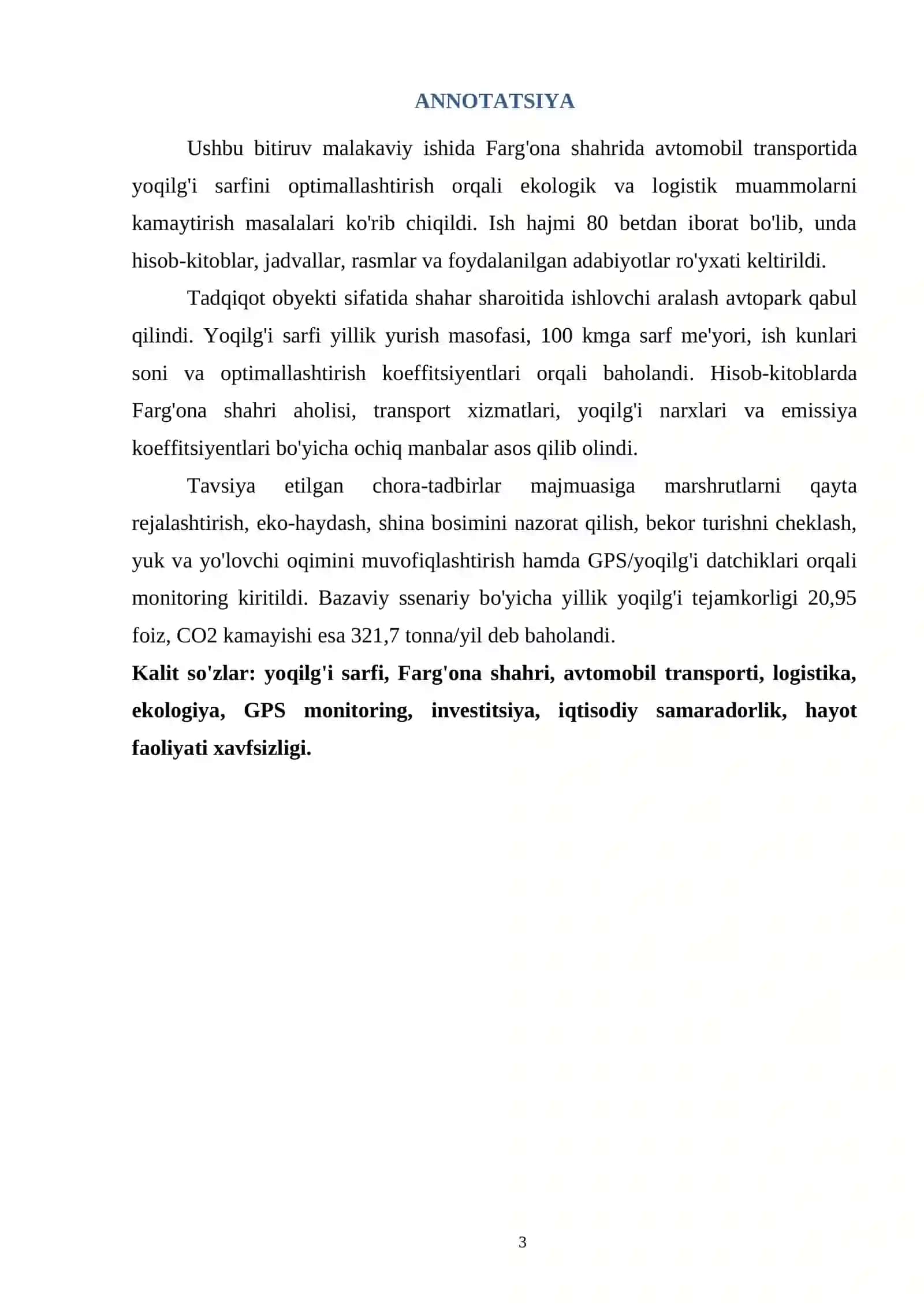 FARG'ONA SHAHRIDA AVTOMOBIL TRANSPORTIDA YOQILG'I SARFINI OPTIMALLASHTIRISH ORQALI EKOLOGIK VA LOGISTIK MUAMMOLAR YECHIMLARI 3