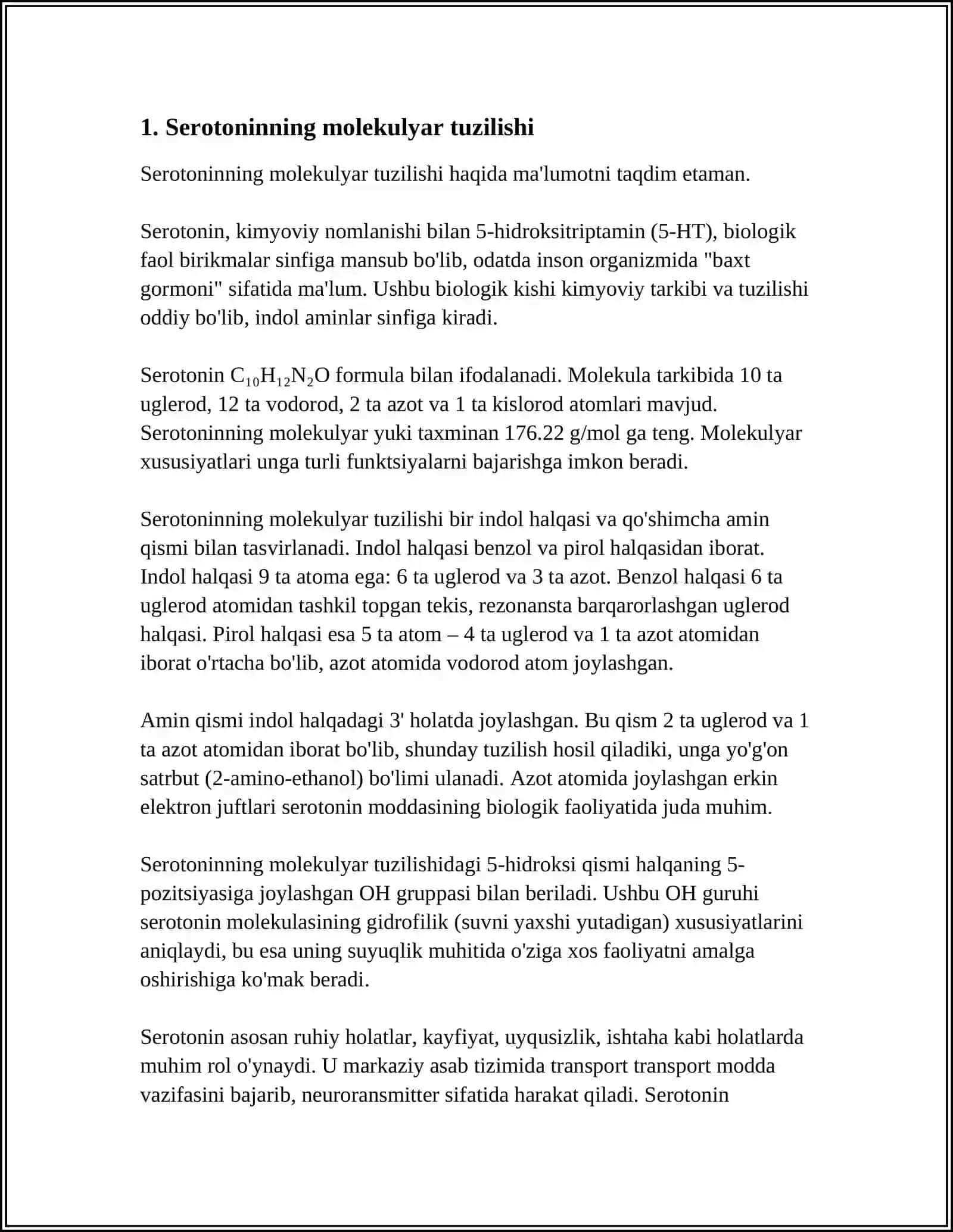 SEROTANINNING BIOKIMYO FANIDAGI BIOLOGIK AHAMIYATI 3