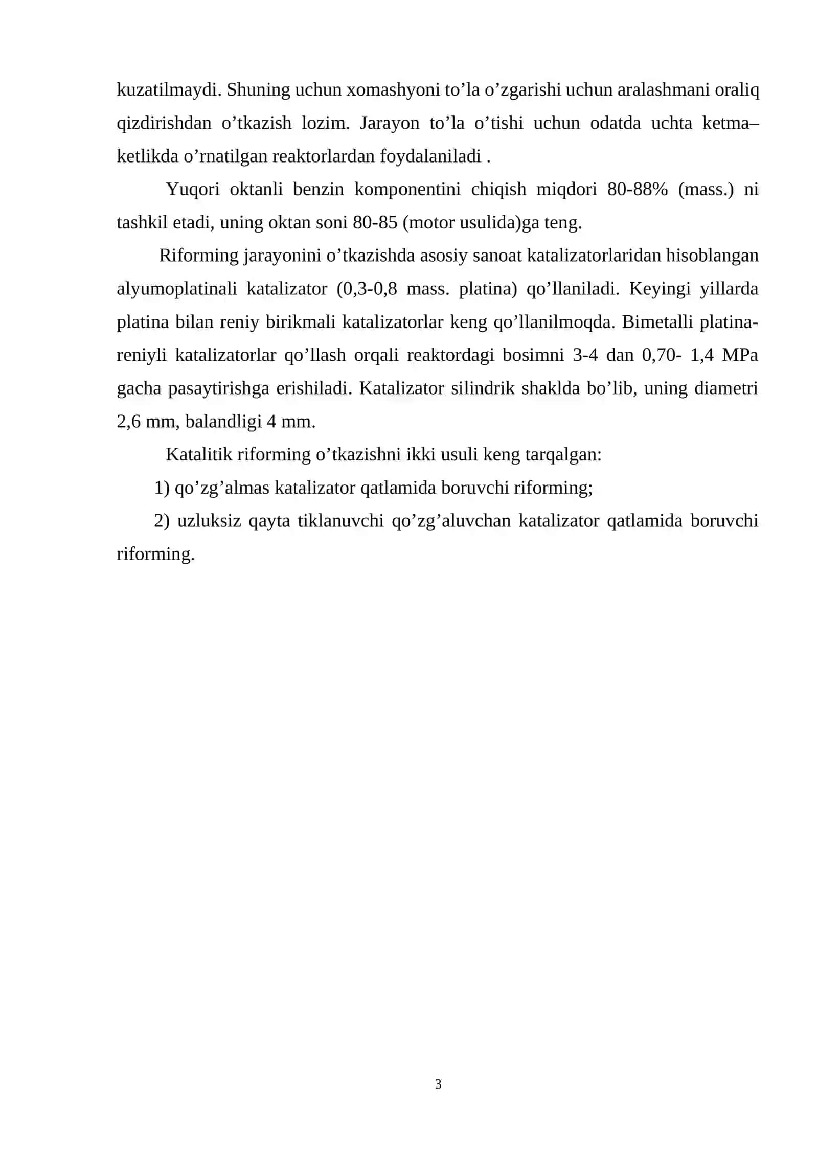 Termokatalitik jarayonlar. Katalitik riforming va izomerizatsiya .Katalitik riforming xomashyosi, parametrlari va mahsulotlari 3