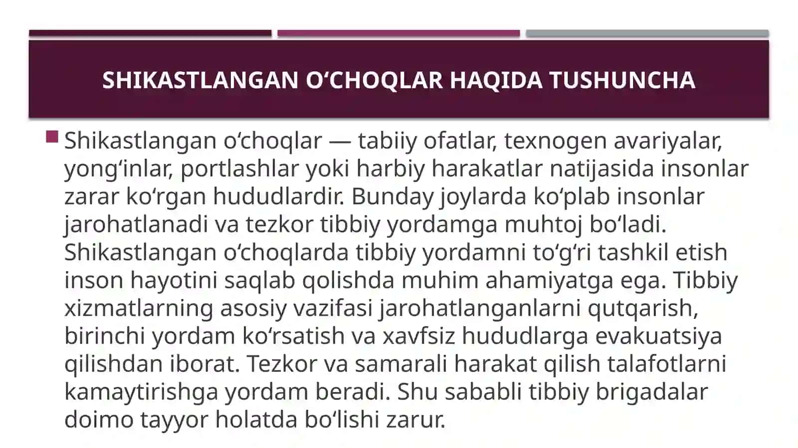Shikastlangan o‘choqlardadastlabkiumumiy,dastlabkitibbiy vadastlabkishifokor yordamini tashkil qilish 3