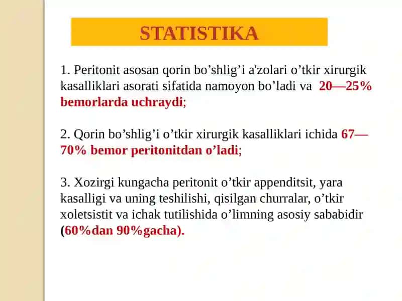 Bolalarda peritonit. Birlamchi va ikkilamchi peritonitlar. Peritonit asoratlari 3