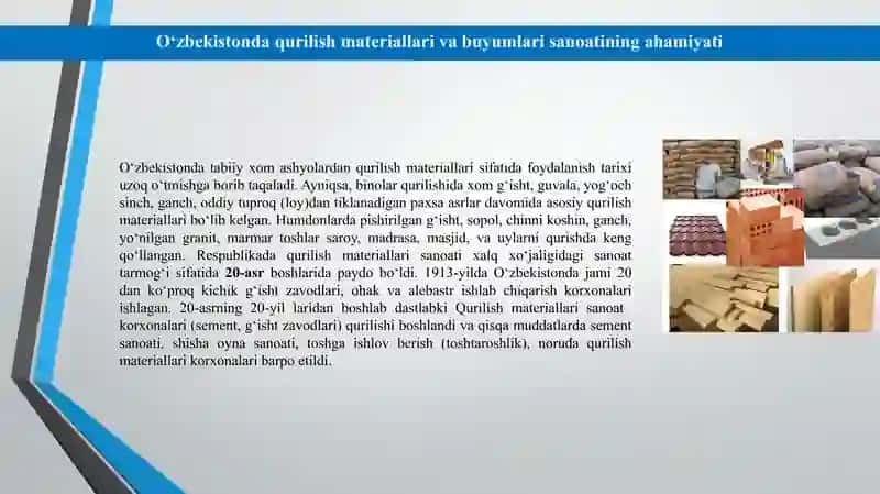Qurilish materiallari va buyumlari ishlab chiqarishda, O'zbekiston xom ashyo bazasining hududlar kesimida joylashuvi 3