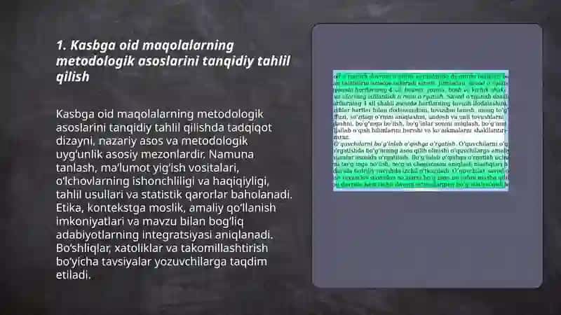 Kasbga va kurs mavzusiga oid maqolaning yozma tahlili mavjud uquv adabiyotlarini tanqidiy tahlil qilish va ularga taqriz yozish 3