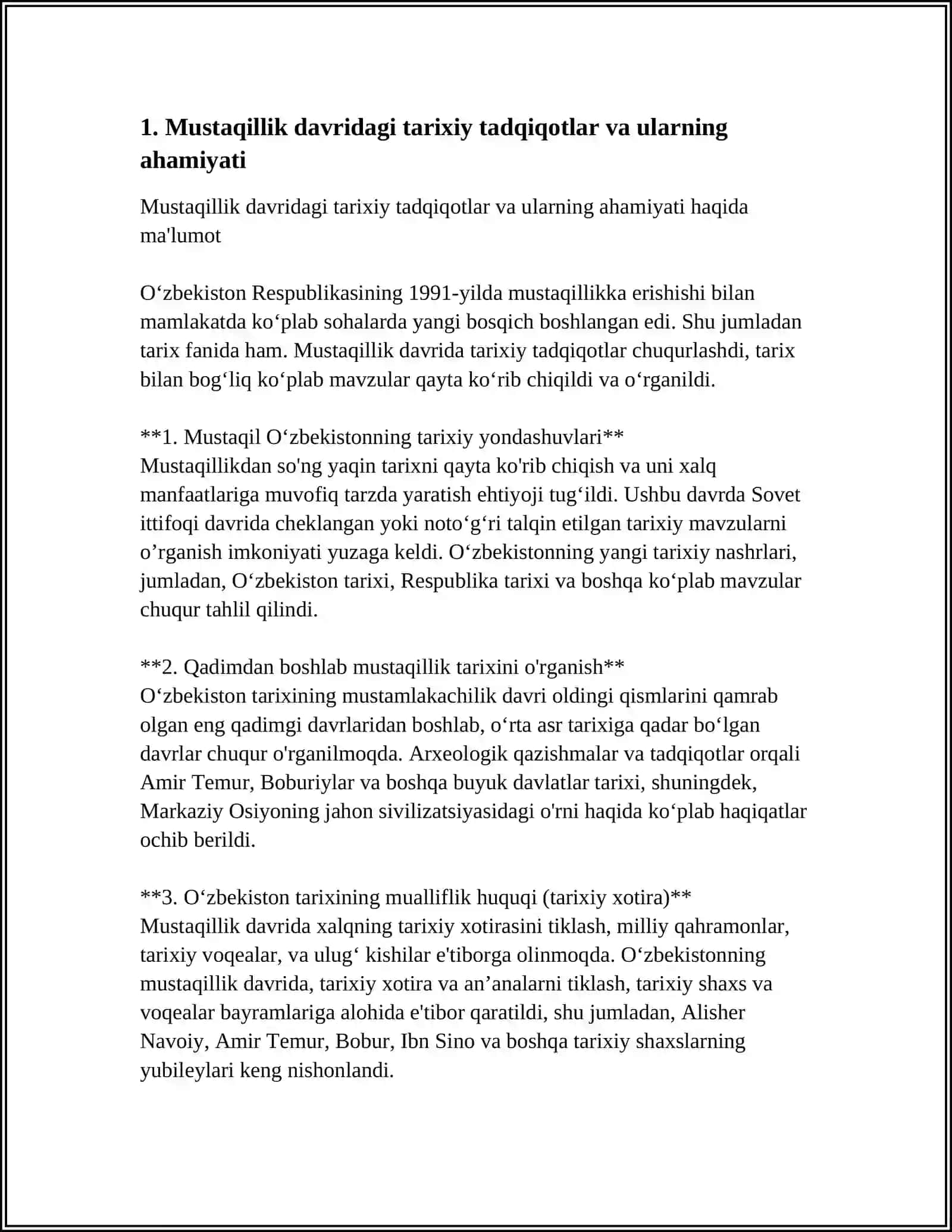 MUSTAGILLIK YILLARIDA BUYUK AJDODLAR VA TARIXIY SHAXSLARGA BO'LGAN E'TIBOR 3