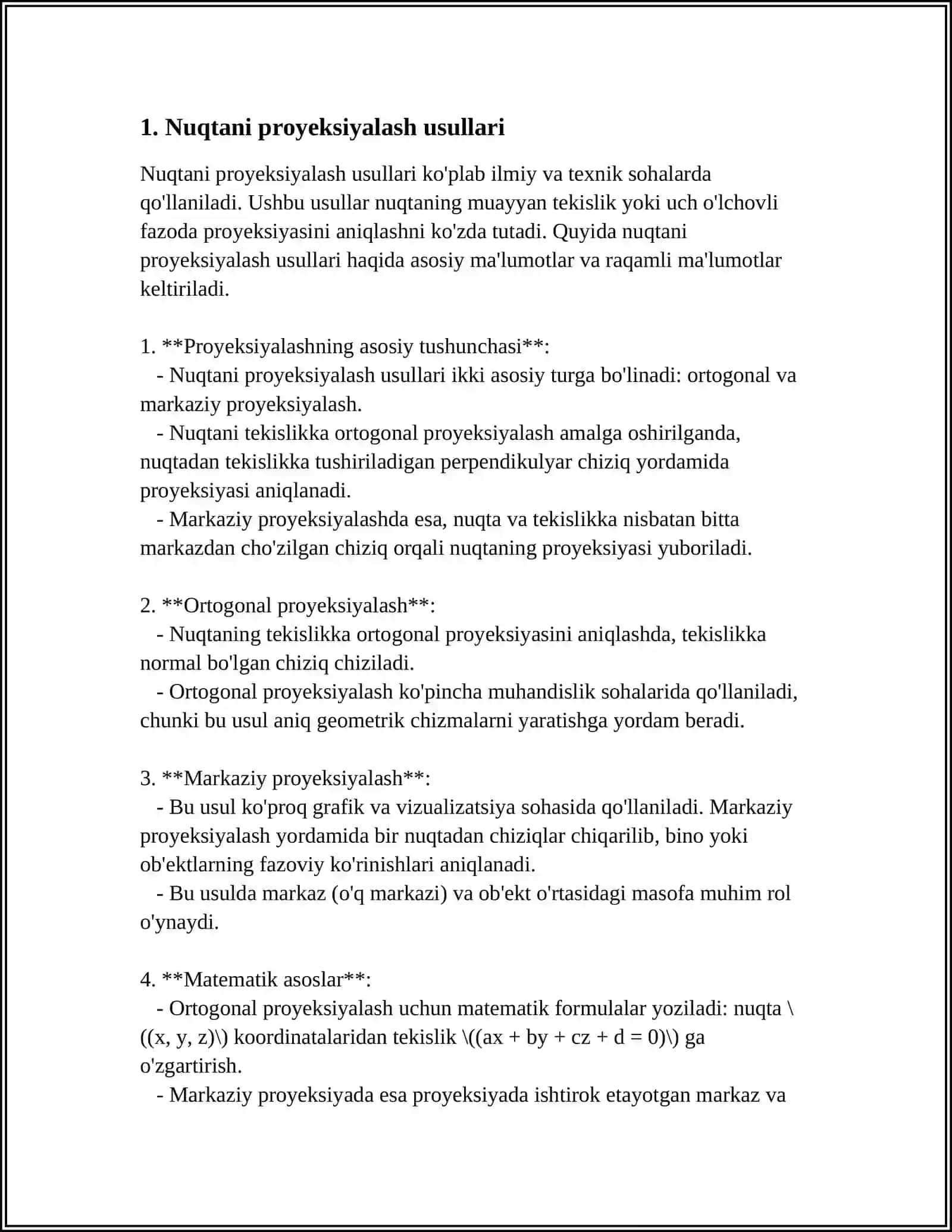 NUQTANI H,V VA W TEKISLIKLARGA PROYEKSIYALASH 3