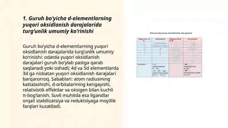 d-elementlarning atomlarining yuqori oksidlanish darajasidagi birikmalar turg unligining guruhlarda o'zgarishi 3